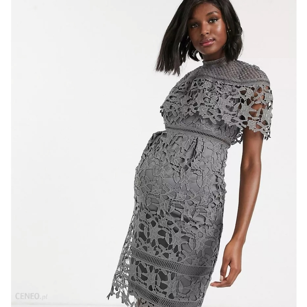 Chi Chi London Maternity Lace High Neck Mini Dress Gray Size UK16 (US 14) New